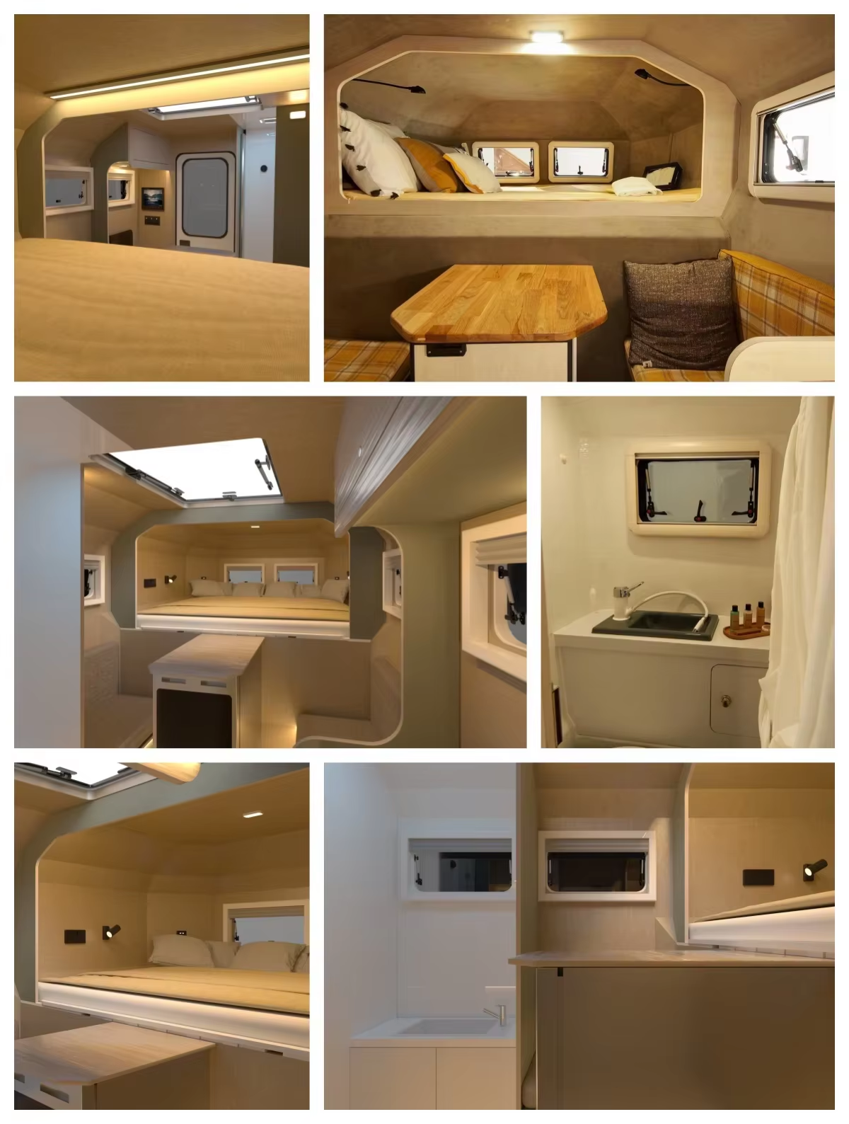 Cozy camper interior with bed, kitchen and warm lighting