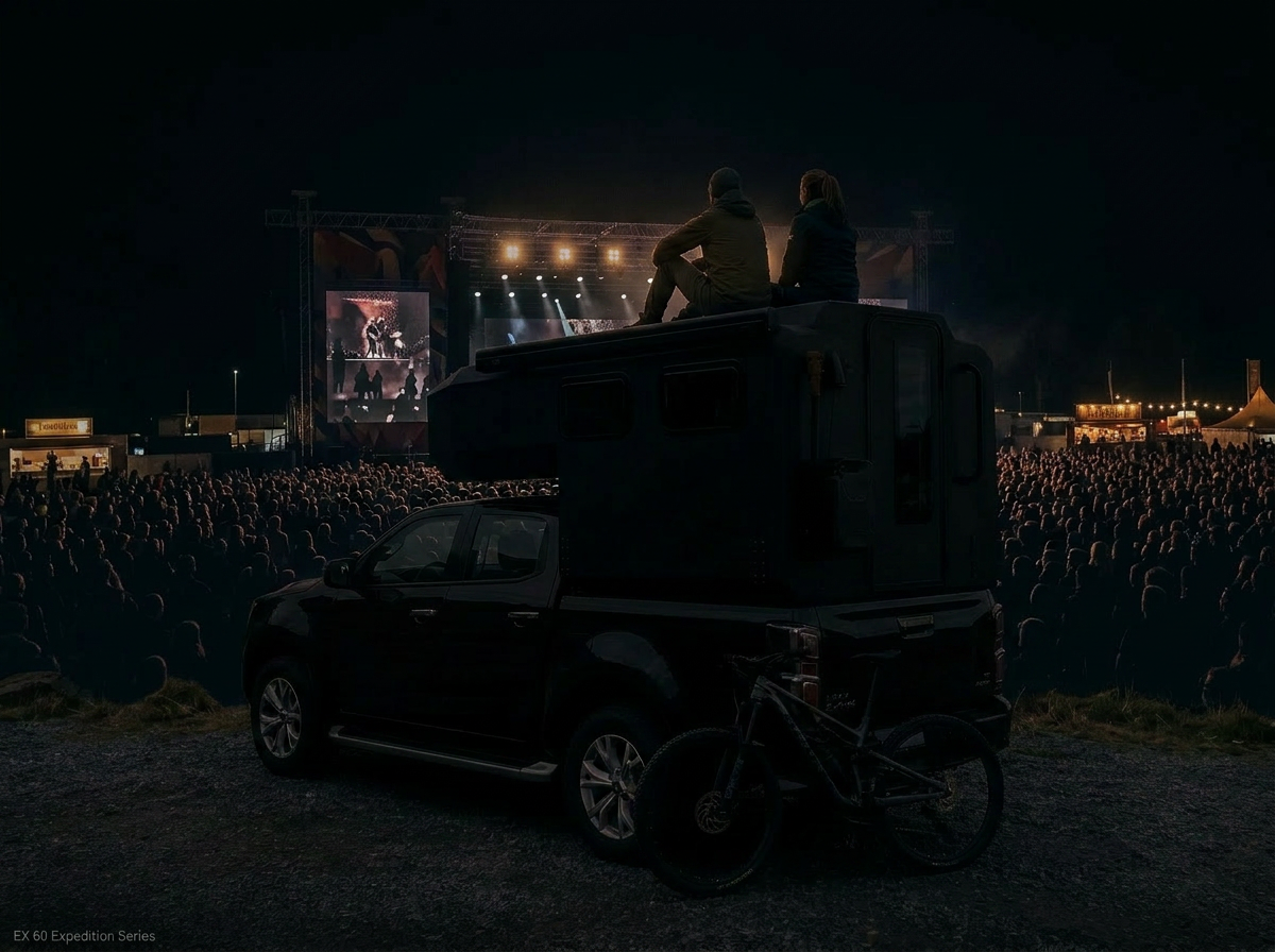 Outdoor festival in Nordic wilderness at night