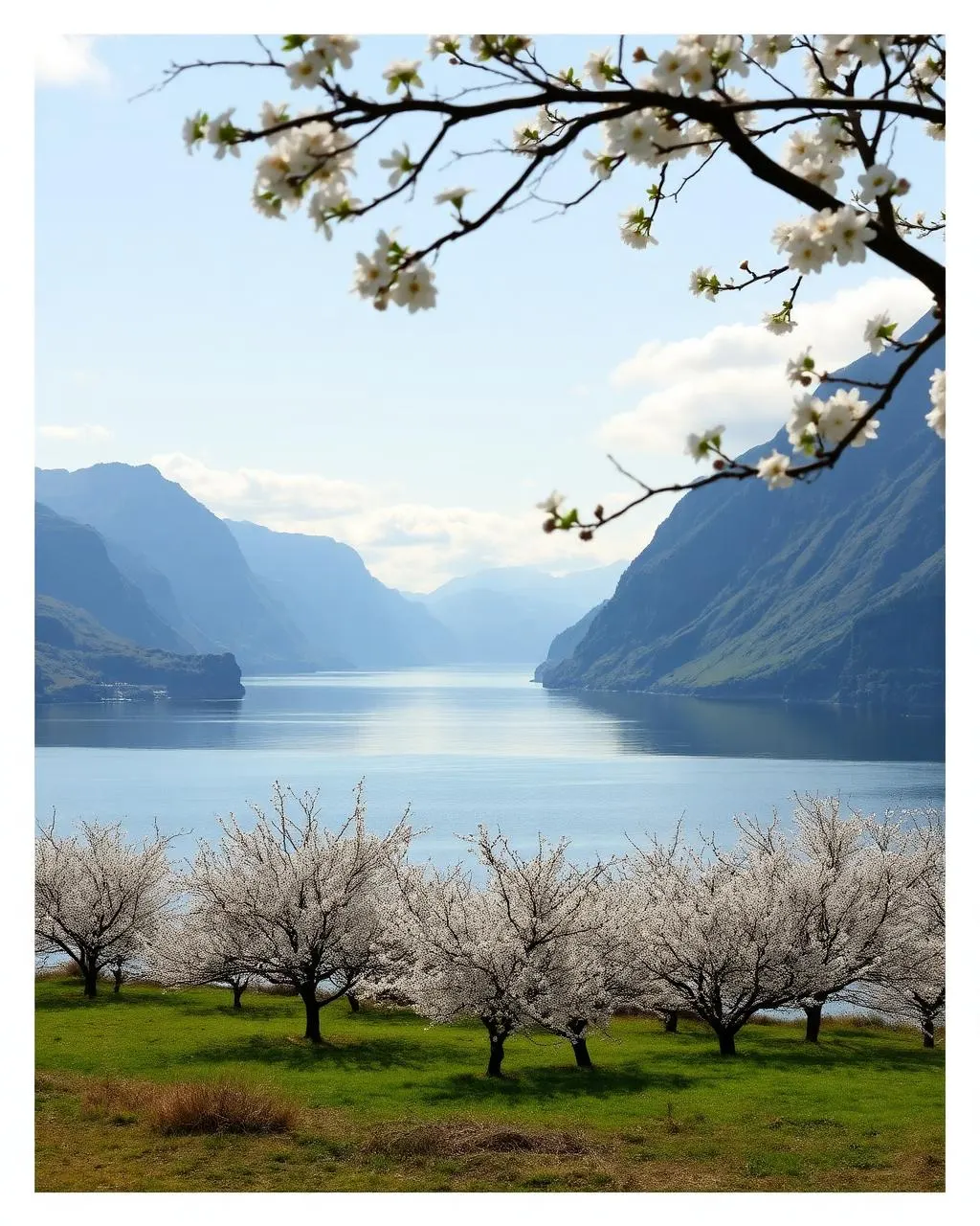 Hardangerfjorden med blommande träd