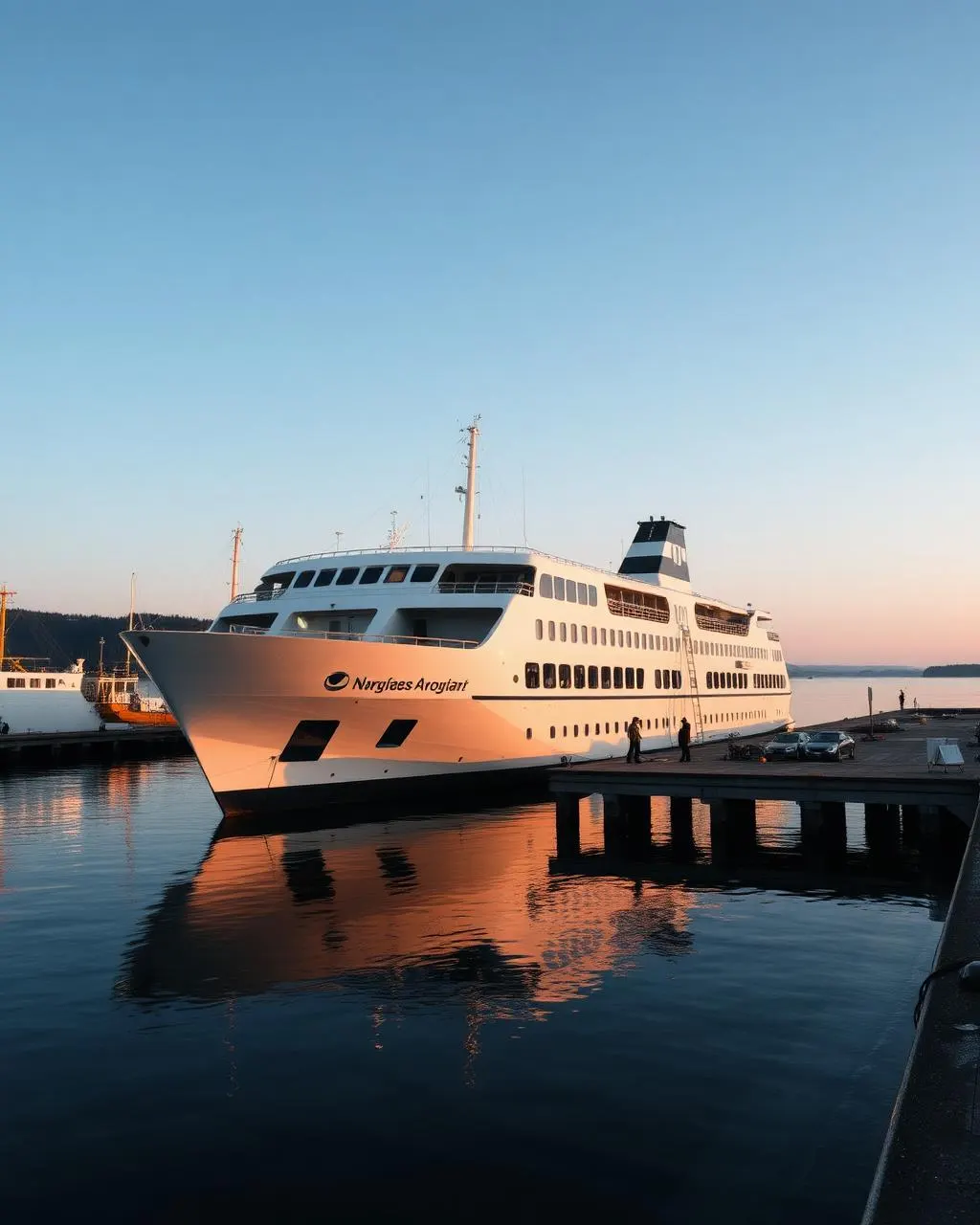 Färja vid kajen i Nynäshamn i morgonljus
