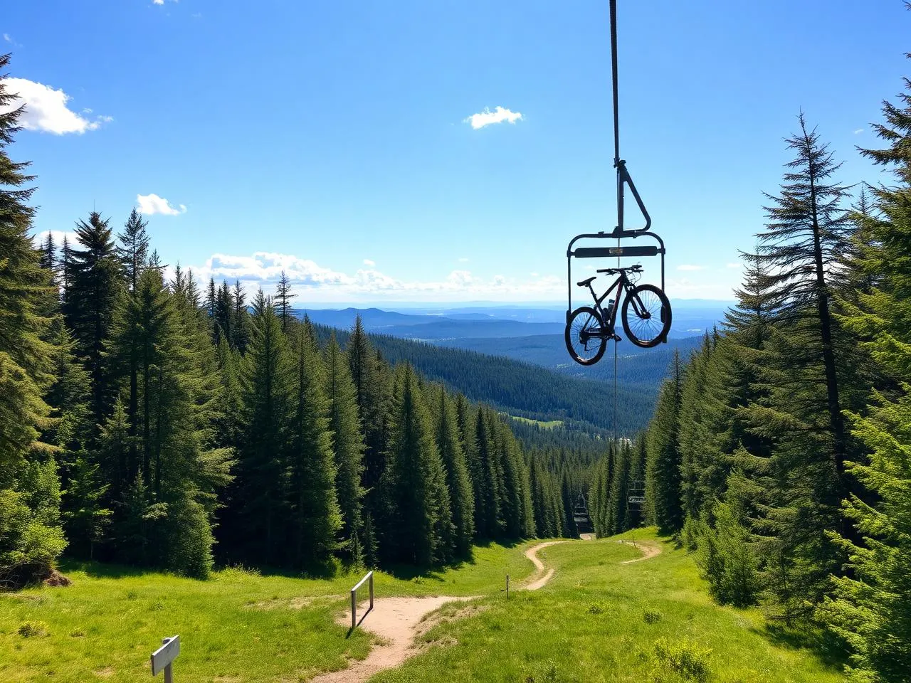 Stollift med cyklar över skogen