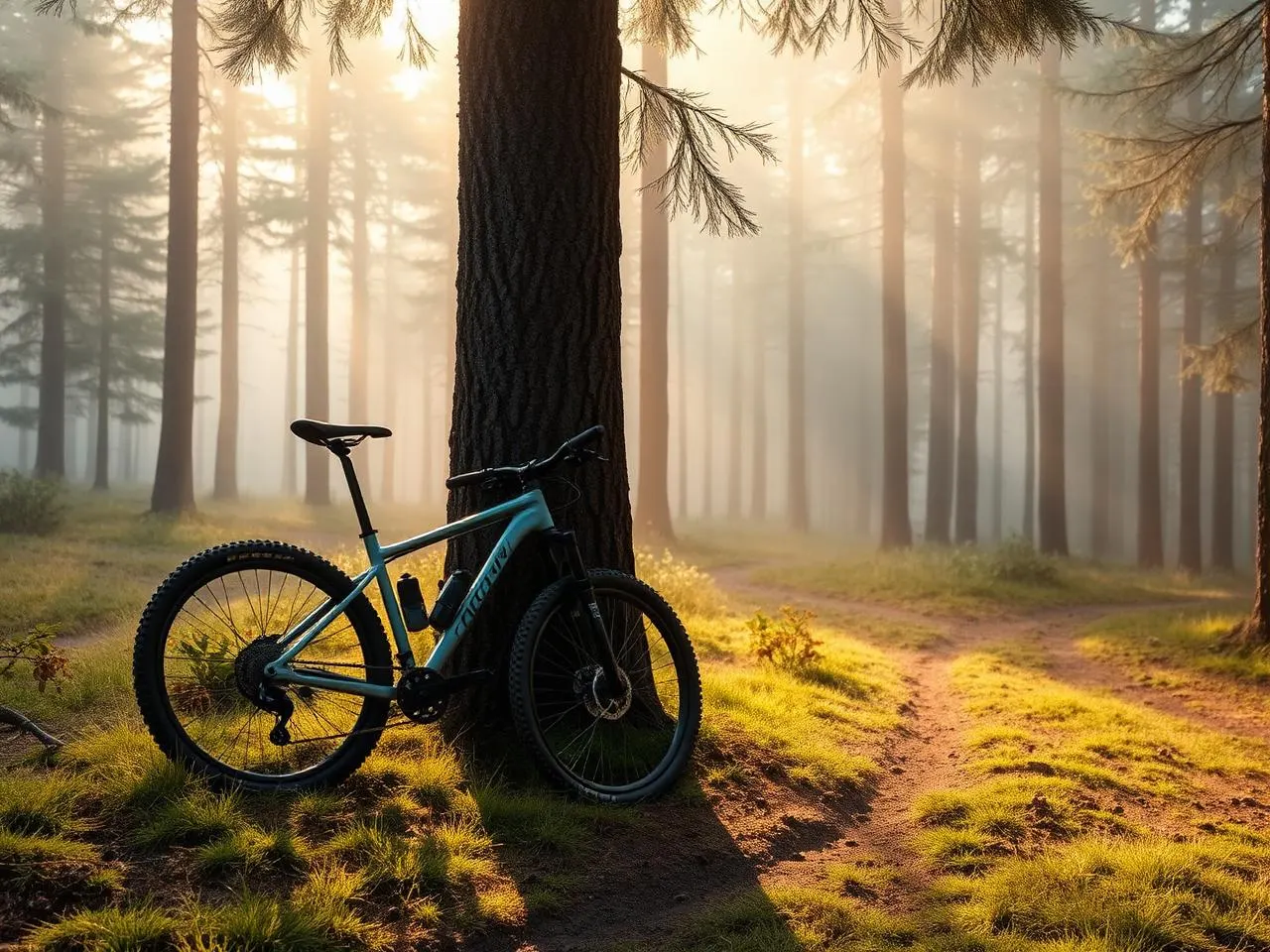 Mountainbike lutad mot tall i morgonljus