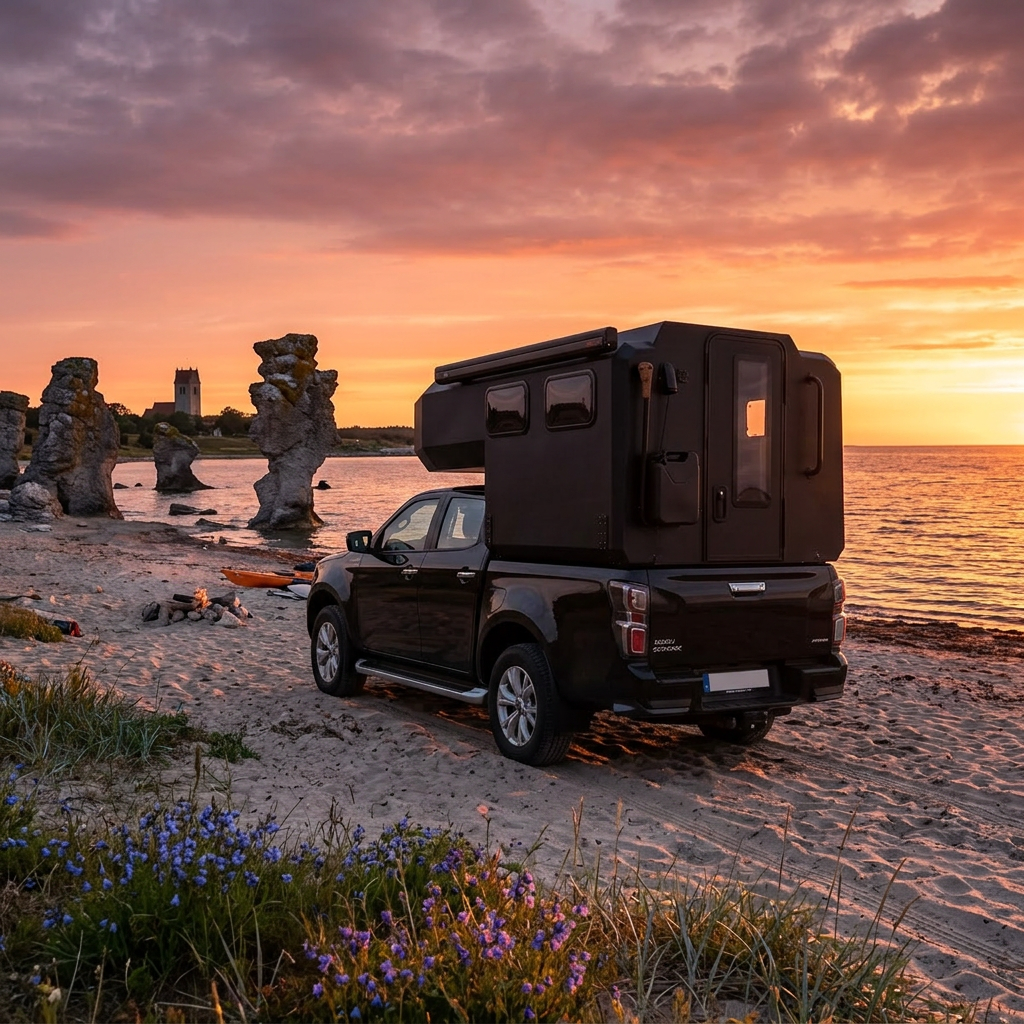 Camper med surfbräda vid Gotlands kust
