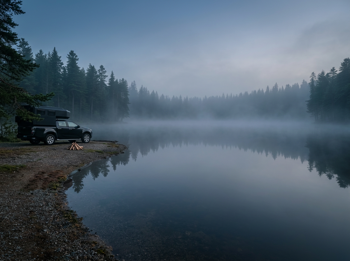 Misty Scandinavian forest lake at dawn