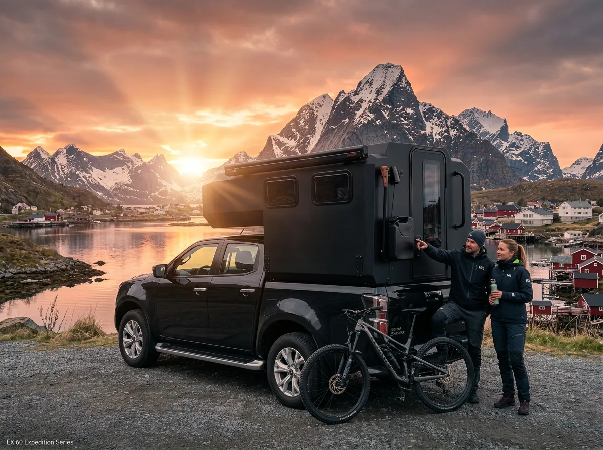 Camper vid fjord i solnedgång med par och cykel